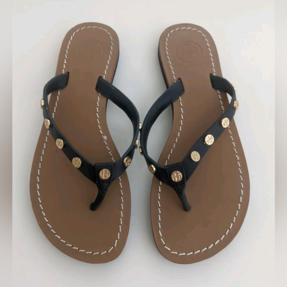 New! Tory Burch Ricki Black Leather Sandals Size 6 Flat Thong Flip Flops